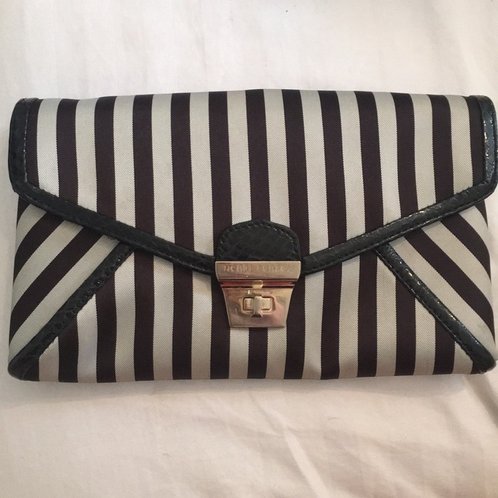 Henri Bendel brown and white stripe clutch